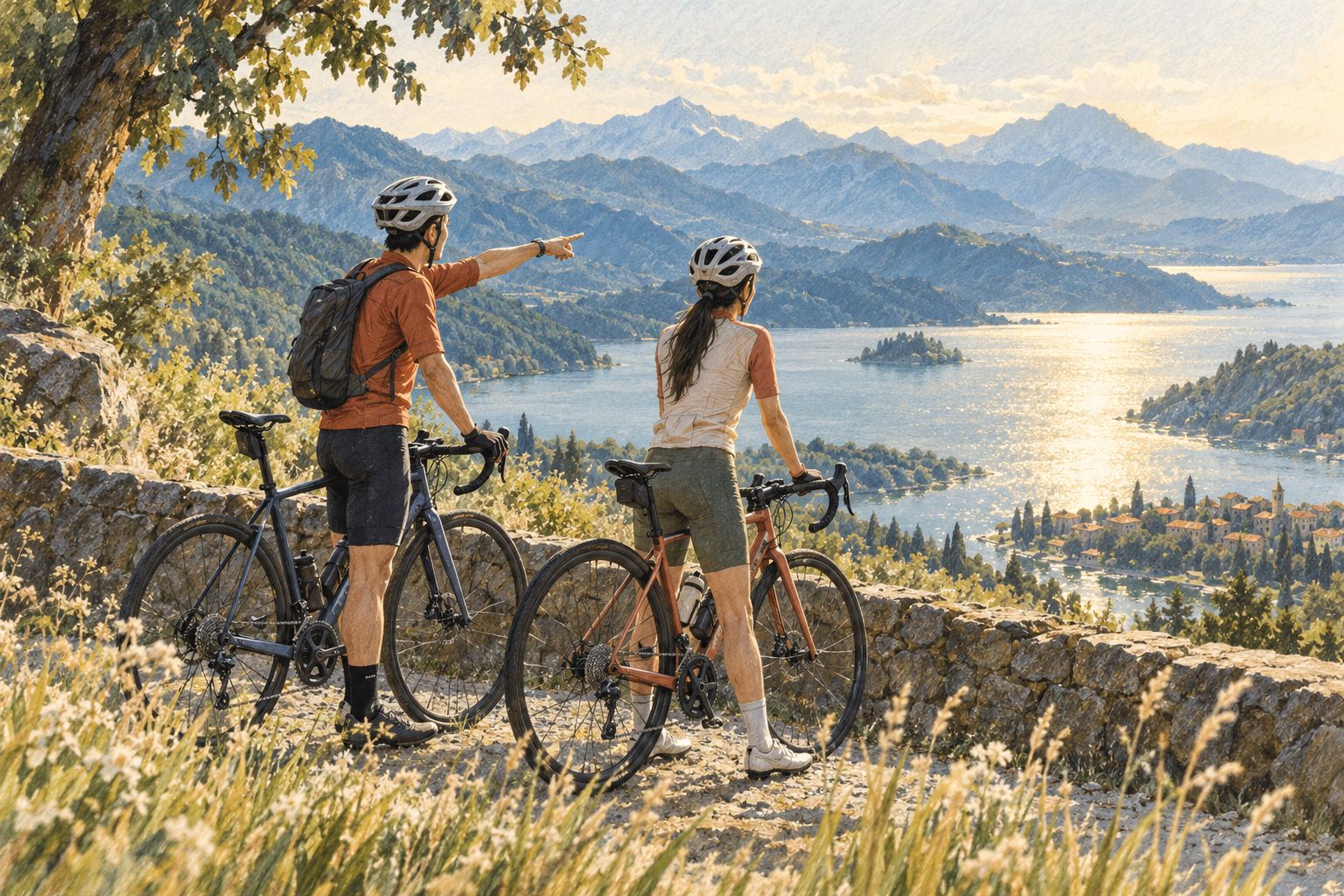 朋友騎車途中停下來欣賞湖泊與山景；AI 生成情境插畫，非實際人物或場館
