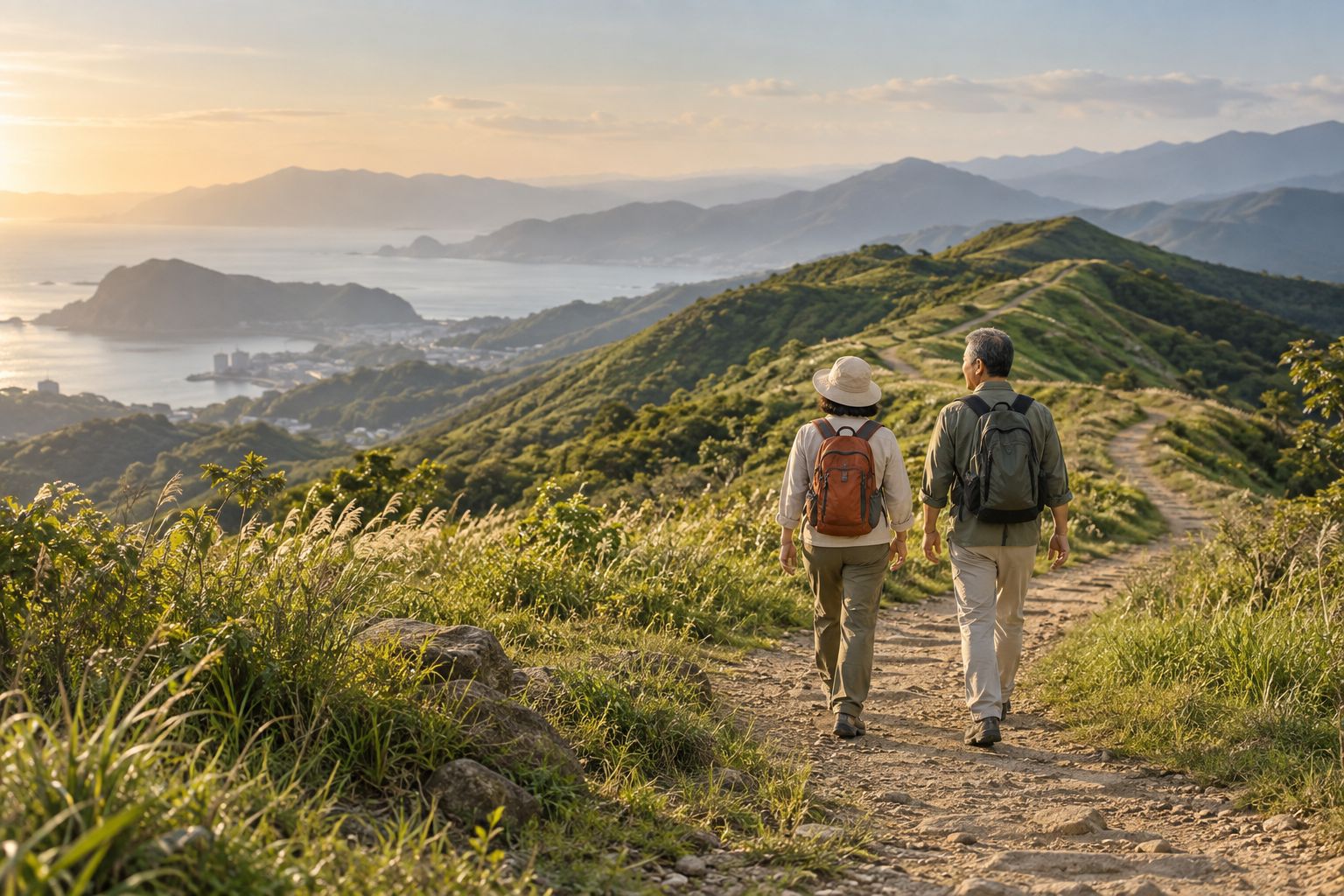 登山者走在開闊的山徑上；AI 情境示意