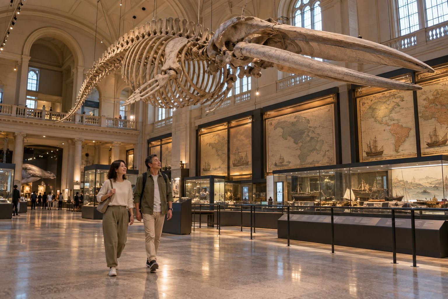 旅人在自然歷史博物館欣賞懸掛的鯨魚骨骼展示；AI 情境示意