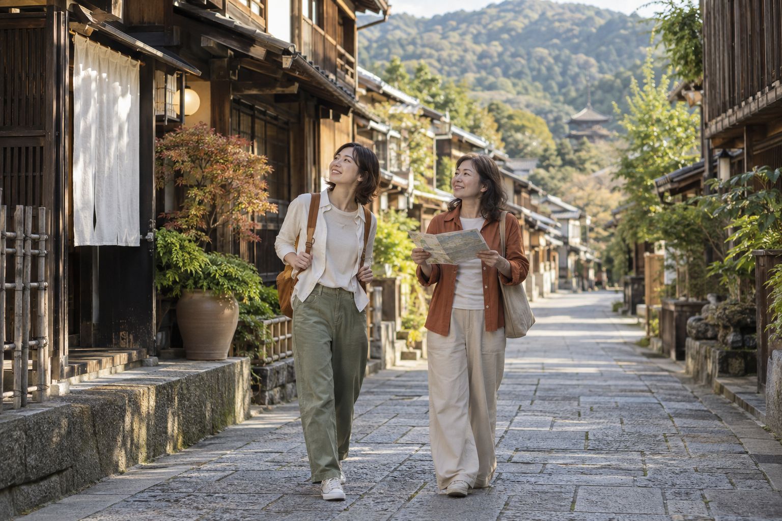 旅人在日本古街欣賞木造建築與街景；AI 情境示意