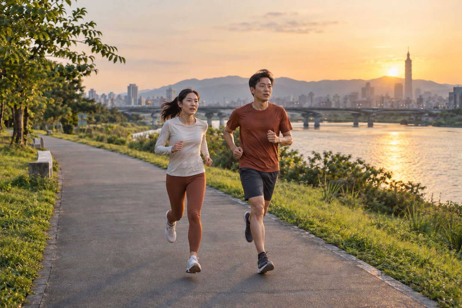 兩位跑者在河畔迎著晨光跑步；AI 情境示意